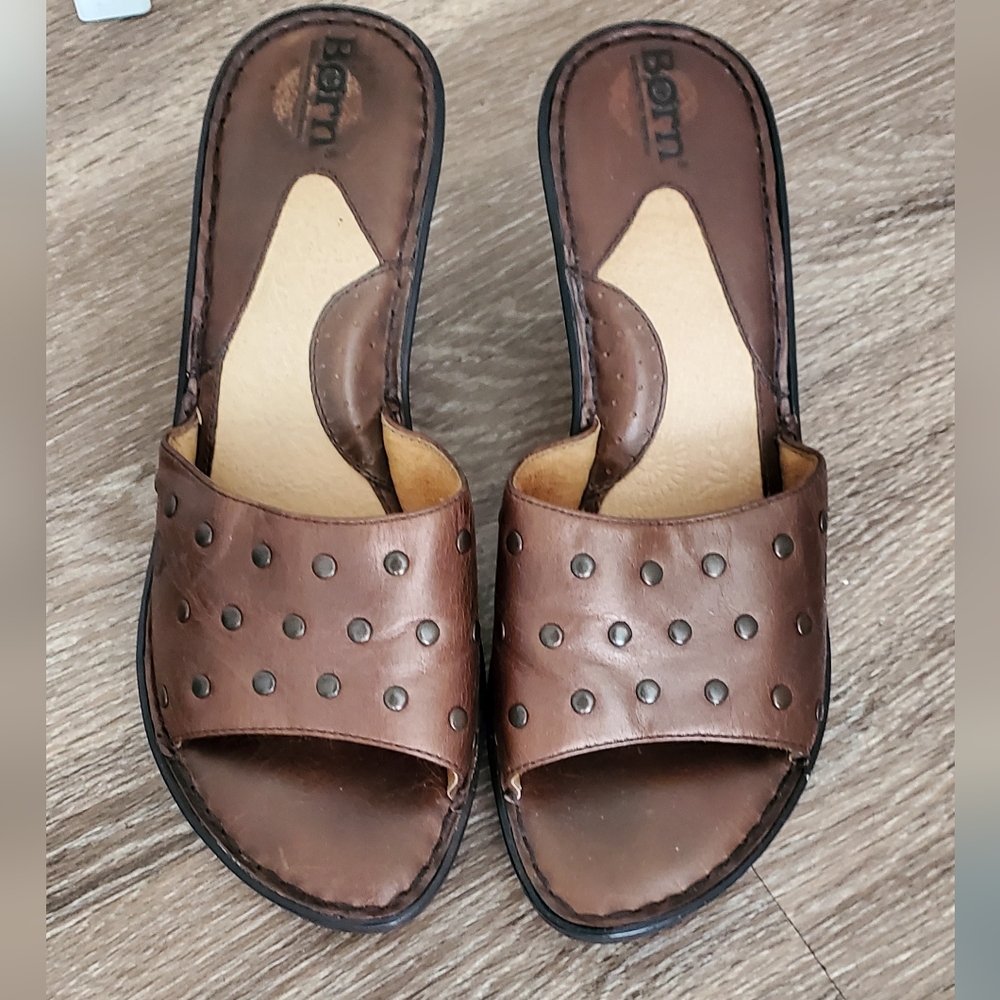 Born Brown Leather Slide Wedges Size 8